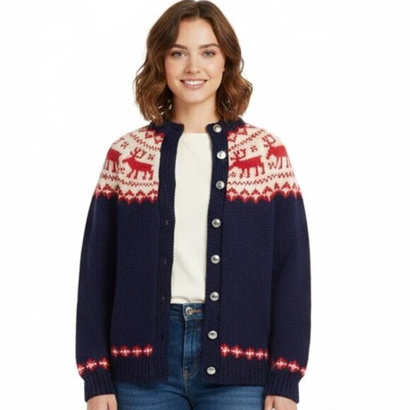 Vintage Hand Knit Reindeer Fair Isle Cardigan Navy Red Wool Sweater Size Small - Picture 1 of 11